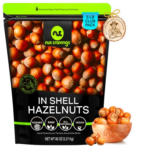 NUT CRAVINGS, Raw Hazelnuts Filberts In Shell, Whole, (80oz - 5 LB) Bulk Nuts Packed Fresh in Resealable Bag, Healthy Protein Food Snack, Natural Keto Vegan Kosher Ideal for Trail Mixed Nuts