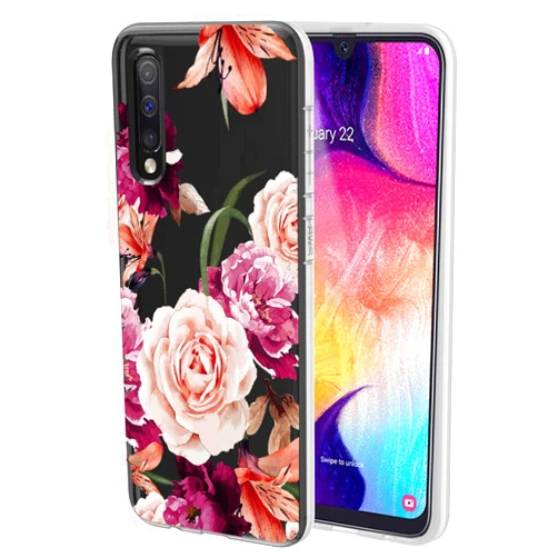 Topeiye Flowers Clear Slim Designed for Galaxy A50 Case, Shock-Absorption Floral Flexible Soft TPU Rubber Protective Cover for Samsung Galaxy A50 (Purple Flower)