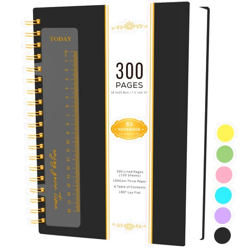 NIRMIRO Spiral Lined Journal Notebook, 300 Pages B5 Notebook College Ruled with Ruler, PVC Cover, 100GSM Thick Paper, Note Pads for Women/Men Work Writing Note Taking School Office, 7.6