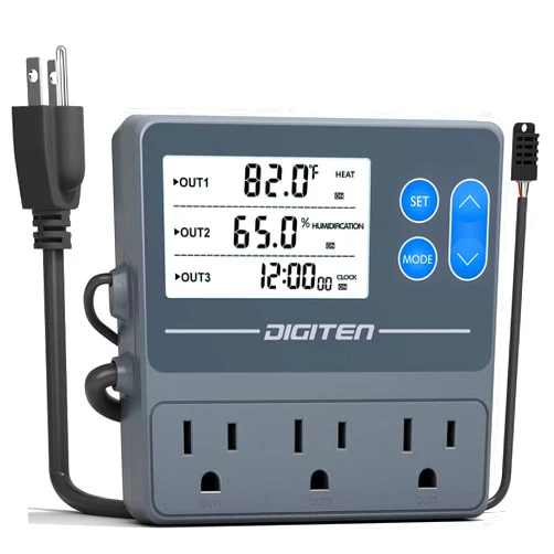 DIGITEN Reptile Temperature and Humidity Controller with Timer, Day-Night Function Thermostat, 3-Stage Outlet Plug in Humidistat for Reptile, Mushroom, Homebrew