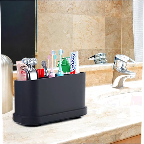 WSXUS Toothbrush Holders,Bathroom Holder Set, Silicone Storage Boxes Multi-Grid Sink Organizer Countertop,Caddy for Toothpaste, Comb, Razor, Makeup Brushes and More, Organizer Countertop（Black）