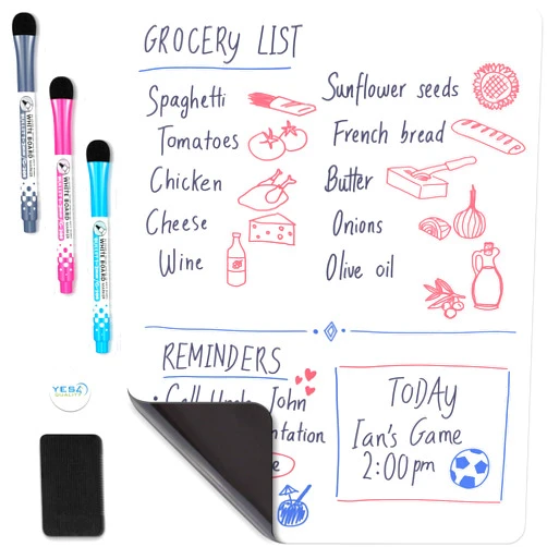 YES4QUALITY Magnetic Dry Erase White Board Sheet for Fridge 17x11 in - with Stain Resistant Technology - Includes 3 Markers and Big Eraser with Magnets - Small Refrigerator Whiteboard Planner & Organizer