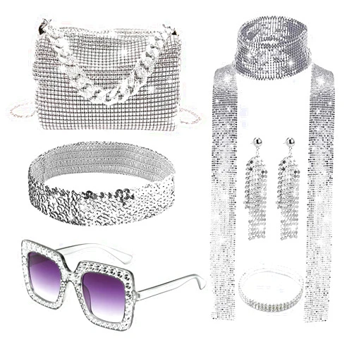PLANTURECO 6 PCS 70s Disco Accessories Women 70s Disco Costume Set Disco Earrings Sequin Scarf Sunglasses Bracelet Headband Silver Purse