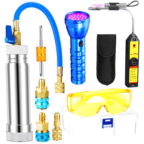 Tellegloww AC Leak Detector Kit, R1234yf R134a R410a AC Oil UV Dye Injector Kit Refrigerant Leak Detector Tool Low Side Quick Coupler Mini Split Adapter Glasses Flashlight(Powerful)
