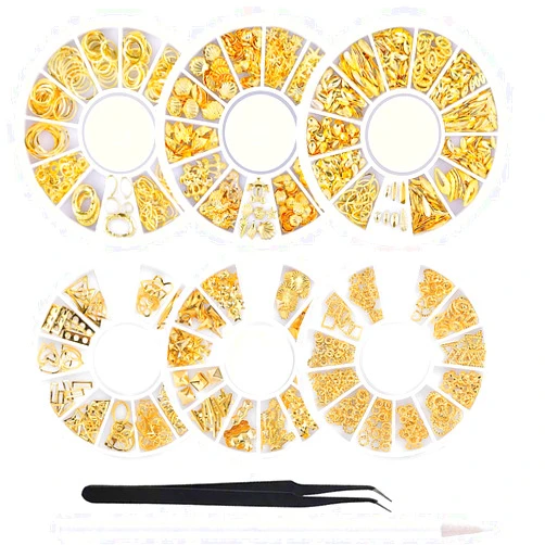 WOKOTO 6 Boxes 3D Hollow Gold Nail Decoration Shell Metal Nail Studs Nail Jewels Kit With 1Pc Tweezers And Picker Pencil