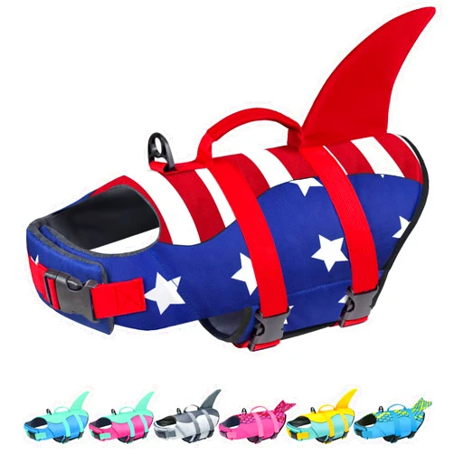 Malier Dog Life Jacket, Ripstop American Flag Dog Life Vest for Swimming Boating, Puppy Dog Shark Life Jacket with High Buoyancy Swimsuit for Small Medium and Large Dogs (X-Small, Red & Dark Blue)