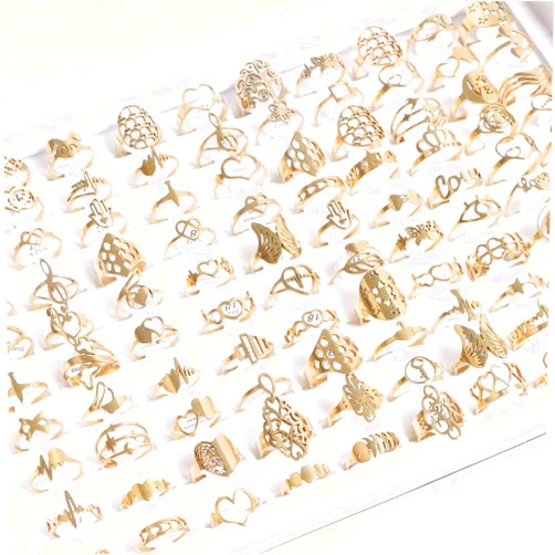 PAMLER Wholesale Lots 30pcs 50Pcs Lot Hollow Rings Stainless Geometric Gold Silver Multicolor Jewelry for Women Men (Style one2,50)