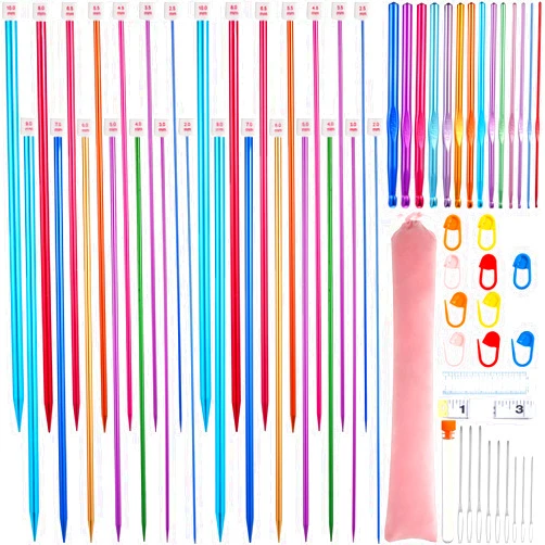 Yunsailing 64 Packs Stainless Steel Knitting Needle Set Colored Straight Single Pointed Knitting Needles Aluminum Crochet Hooks Set 14 Size from 2.0-10.0 mm Extra Long Straight Sweater Needles for DIY Knitting
