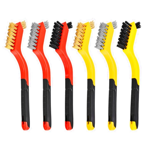 Ekrnlyi 6 Pack Small Wire Brush Set - 7 Inch Brass Brush/Steel Brush/Nylon Brush with Curved Handle - Small Metal Brush and Nylon Brush for Cleaning Rust, Metail, Paint, Dirt, etc.