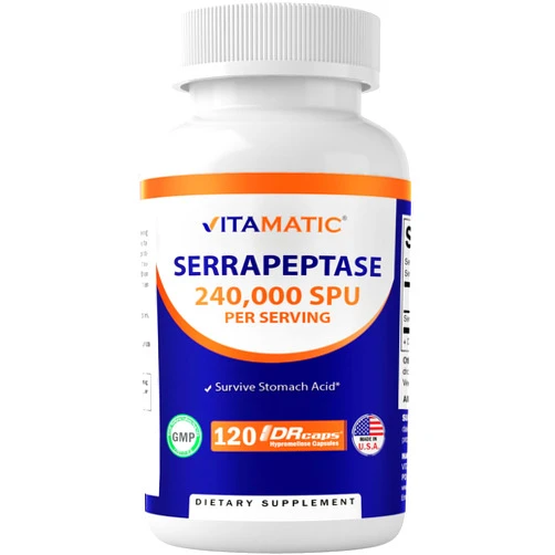 Vitamatic Serrapeptase 240,000 SPU Servings, 120 Delayed Released Capsules - Enteric Coated - Non-GMO & Gluten Free - Made in The USA (120 Count (Pack of 1))