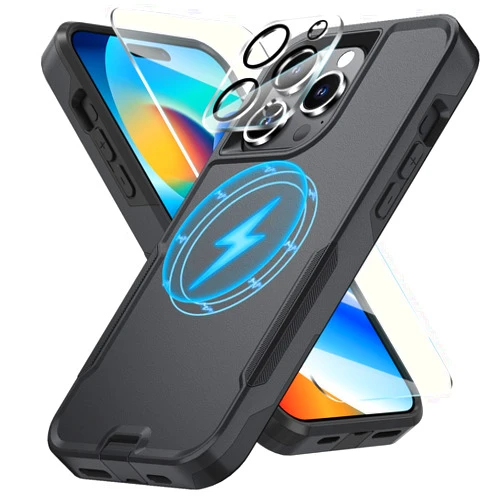 SunRemex Magnetic for iPhone 15 Pro Max Case with Camera Lens Protector & Tempered Glass Screen Protector, [Compatible with Mag-Safe] Heavy-Duty iPhone 15 Pro Max Phone Case 6.7