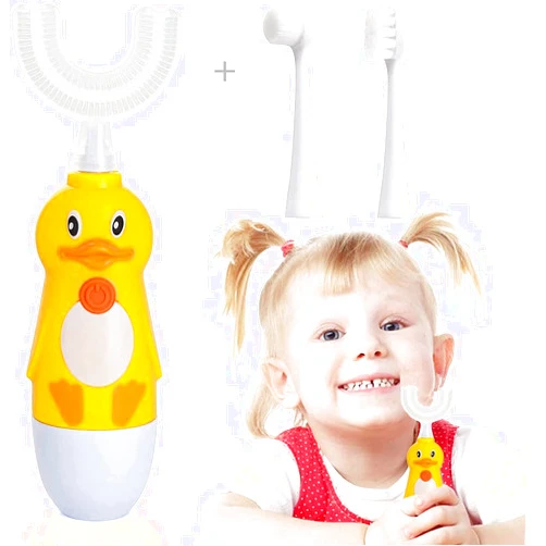 Caromolly Kids U-Shaped Electric Toothbrush, Automatic Massage Toothbrush with U-Type, Cartoon Modeling Toothbrush with Three Types of Brush Heads,Battery Operated,Small for 2-6 Years,Yellow,1 Pack