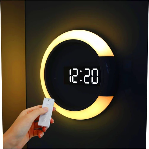 mooas Mood Light LED Silent Digital Wall Clock with Remote, Backlit Nightlight, Modern Digital LED Wall Clock Display Alarm Clock Melody 5 Brightness for Bedroom Living Room