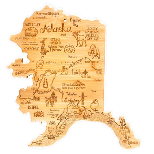 Totally Bamboo Destination Alaska State Shaped Serving and Cutting Board, Includes Hang Tie for Wall Display