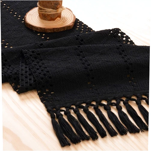 MLMW Fall Table Runner Black Thanksgiving Table Runner 48 Inches Boho Table Runner with Tassels Farmhouse Cotton Woven Macrame Table Runner for Fall Christmas Table Decor