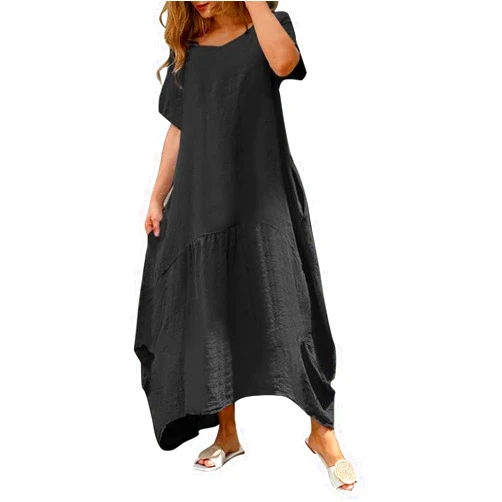 Generic Womens Summer Cotton Linen Baggy Loose Long Maxi Dress Caftan Harem Oversized Kaftan Short Sleeve Solid Color Long Dress