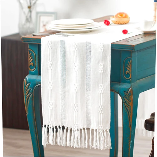 Hpxrom Rustic Braided Linen Table Runner Farmhouse Burlap Boho Embroidered Table Runners Ivory Table Runner with Hand-Tassels for Dining Wedding Party Holiday and Dresser Decor 14 x 48 Inches