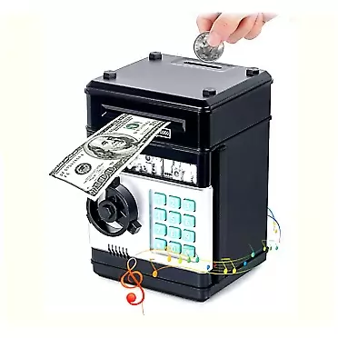 Vemio Electric Money Box, ATM Piggy Bank for Real Money, Coin Bank Kids Safe – Password Changeable (Black)