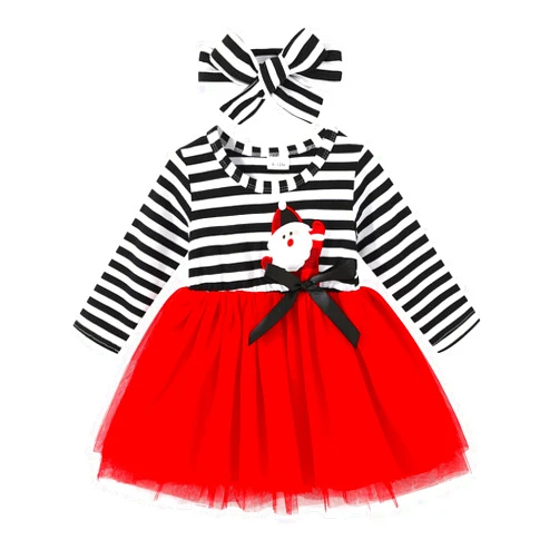 YOUNGER TREE Toddler Girl Christmas Dress Stripe Long Sleeve Santa Printed Tulle Tutu Dress 2PC Baby Girl Christmas Outfit