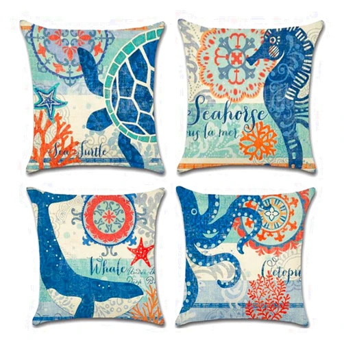 ULOVE LOVE YOURSELF Ocean Theme Square Pillow Case Mediterranean Style Decorative Cotton Linen Throw Coastal Cushion Cover Sets 18 X 18 Inch Pillow Covers, 4 Pack Nautical Pillow Covers (Sea Theme-2)