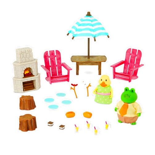 Li'l Woodzeez Lil Woodzeez – Toy Backyard Furniture Playhouse – Miniature Fire Pit & Chairs Dollhouse Playset – 2 Posable Figures Included – Kids 3 Years +