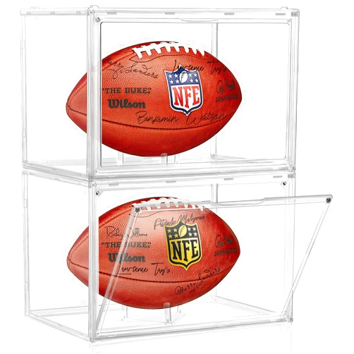 KKU 2 Pack Football Display Case, KKU Acrylic Clear Football Case Full Size with Magnetic Door, Professional Memorabilia Football Display Boxes Football Holder Dust and UV Protection