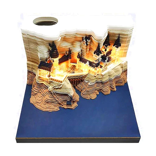 Najoane 2024 Desk Calendar With LED Lights, Paper Carving 3D Castle Calendar Notepad, Tear-Away Notepad, DIY Paper Carving Art Craft for School Home Office (Second Class)