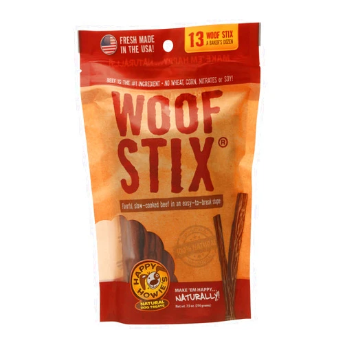 Happy Howie's Woof Stix - Natural Healthy Dog Treats, Flavorful Slow Cooked Beef Stick, Natural Ingredients, Chewy, Soft Dog Treats, Hormone Free - Beef, (Pack of 1)