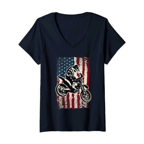 Cool USA Supercross Rider Gift Idea Womens Motocross Dirt Bike Patriotic American Flag Biker Gift V-Neck T-Shirt