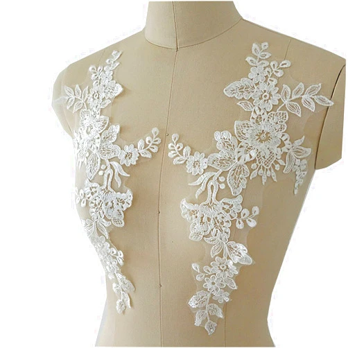 LITTLE PANDADA Mirror Pair Corded Lace Applique Embroidery Flower Leaf Ivory Lace Motif Wedding Dress DIY Accessories Lace Decoration