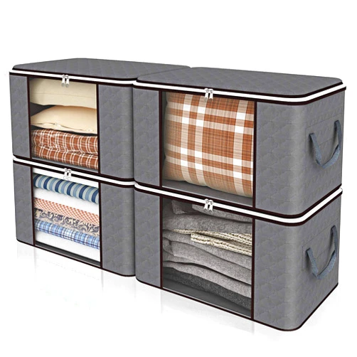 Isbasa Foldable Blanket Storage Bag, Set of 4 Large Clothes Storage Organizers with Clear Window, Sturdy Zipper and Reinforced Handle for Comforters, Clothes, Blankets, Bedding (Grey，90L)