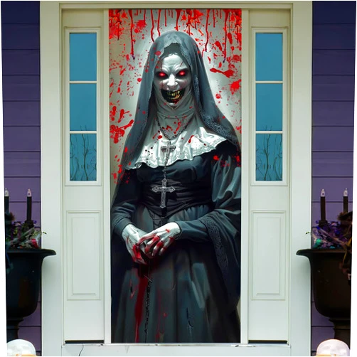 ANPHSIN Halloween 3D Nun Door Cover Sticker, 30 x 80 Inch Halloween Door Decorations Lifelike Wicked Nun Wallpaper Cover for Front Door House Room Decor, Party Outdoor Supplies