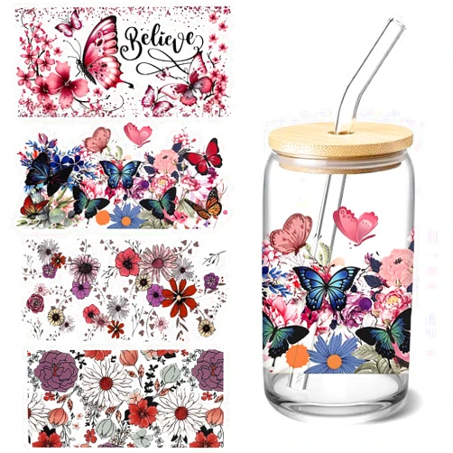 Shiomay 4 Sheets UV DTF Cup Wraps Transfer Stickers for Glass, Cartoon Cup Wraps Decal Stickers for Tumbler Cups (Butterfly)