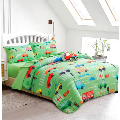 A Nice Night Transport Vehicles Cars Pattern,Cute Cartoon Traffic Light Printed Comforter Set with 2 Pillowcases,for Boy or Children (Green,Full 3Pcs)