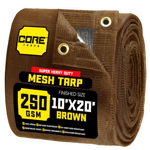 Core Tarps Heavy Duty Mesh Tarp 100% Virgin Polyethylene – Multipurpose Protective Cover with Air Flow -250 GSM, 7.5 OZ Mesh Cover for Tie Downs, Shade, Fences, Canopies, Dump Trucks. (Brown 10'X20')