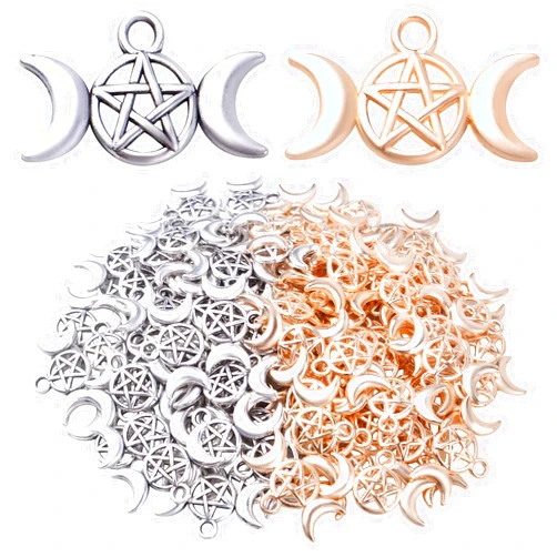 Hmjpng 100pcs Triple Moon Goddess Pendants Pentacle Pentagram Charms Vintage Crescent Moon Pendant for DIY Necklace Bracelet Earrings Crafts Jewelry Making, KC Golden, Antique Silver
