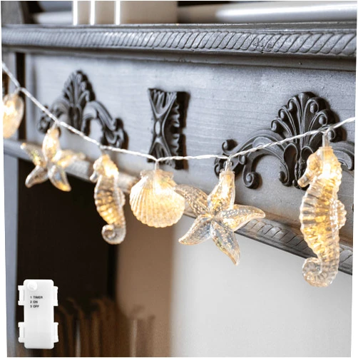 YOLIGHT Seashell Starfish Seahorse String Lights Timer 6.5ft 10 LED Ocean Fairy Lights Battery Operated Under The Sea Decoration for Tropical Nautical Theme Party Beach Wedding Kids Room Décor