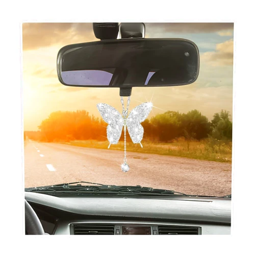 KHGUZ Bling Butterfly Car Accessories, Crystal Rhinestone Vehicle Rear View Mirror Charms, Lucky Diamond Auto Interior Hanging Ornament Pendant for Women Girls, Universal for Most Cars (White)