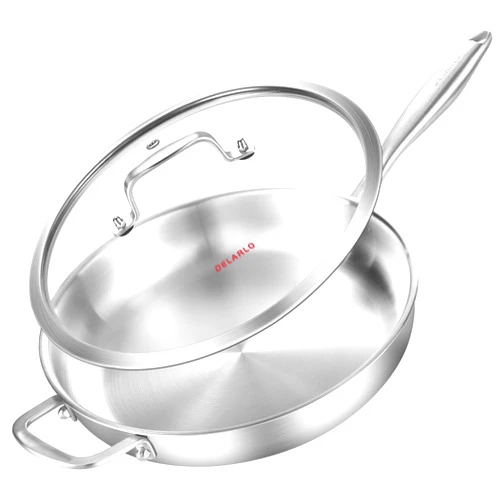 DELARLO Tri-Ply Stainless Steel Pan with Lid 12inch丨Compatible with All Cooktops Up to 600℉丨Stainless Steel Skillet 12 inch丨Heavy Duty丨Frying Pan with Lid丨18/10 Large Cooking Surface丨Omelette Pan