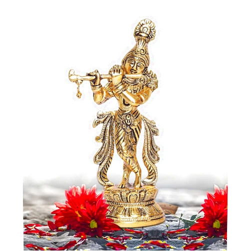 Hastcraft Metal Lord Krishna Playing Flute/Murli Standing Statue-Gold Finish, Religious Figurine Murlidhar, Bansiwala for Mandir/Worship/Tabletop Decor, for All Occasion Best Gift, Idol-22cm Ht.