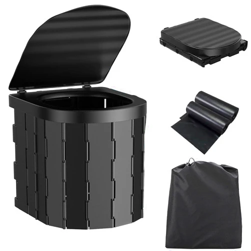 Jimikay Portable Toilet for Camping,Folding Toilet with Lid,Foldable Car Travel Toilet Portable with Carry Bag for Camping,Car,Travel, Outdoor,Hiking,Backpack,Trips,Tent,Boat,Beach,Traffic Jam,Home (Black)
