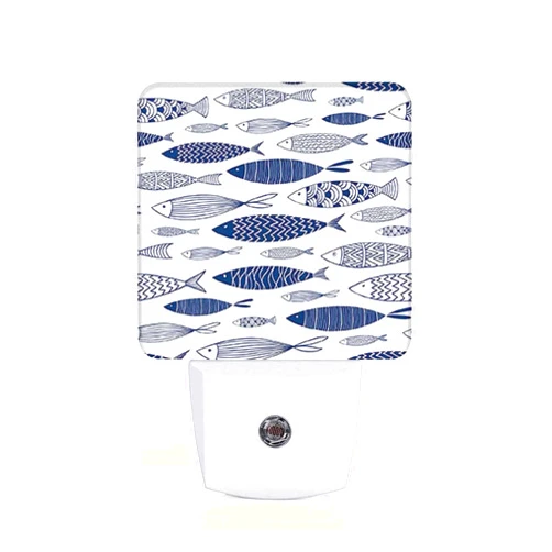 Chrobak LED Night Light,Blue Doodle Ornamental Fish LED Night Light Plug into Wall with Dusk to Dawn Light Sensor White Energy Efficient Nightlight for Bedroom Bathroom Hallway Living Room Kitchen