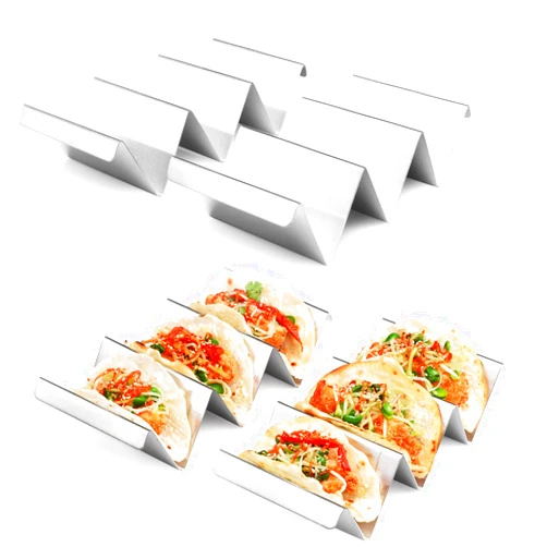 ARTTHOME. Taco Holder Stand 4 Packs - Stainless Steel Taco Rack Truck Tray Style by Artthome, Oven Safe for Baking, Dishwasher and Grill Safe