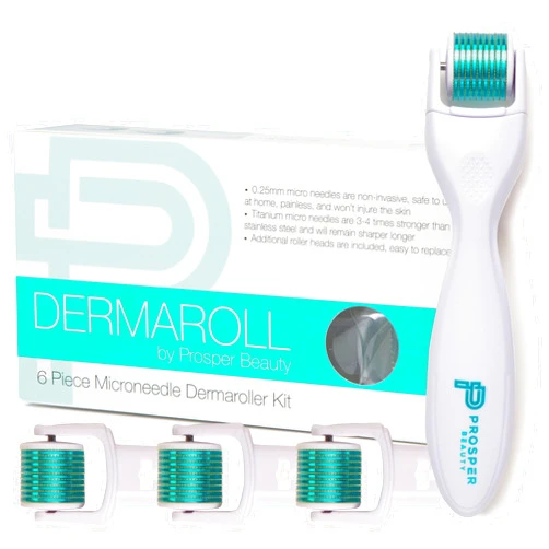Prosper Beauty Derma Roller Microneedle 6 Piece Kit [DERMAROLL by Prosper Beauty] Face Roller with 4 Replaceable Heads Exfoliation Microdermabrasion Micro Derma Skin Care Tool Dermaplaning Microneedling
