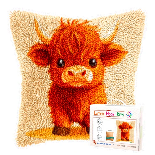 Generic Latch Hook Pillow Kits for Adults Cute Baby Highland Cow DIY Pillow Cover Printed Pillowcase Crochet Hooking Yarns Handmade Cushion for Home Sofa Decoration 17x17inch(8)