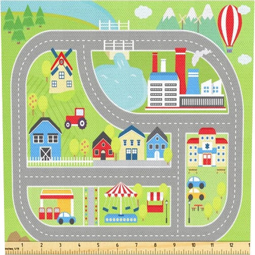 Ambesonne Car Race Track Fabric by The Yard, Roadway Activity Sunny City Landscape Illustration with Farm Factory, Decorative Fabric for Upholstery and Home Accents, 3 Yards, Green Grey