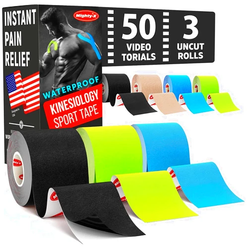 Mighty-X Waterproof Kinesiology Tape - [3 Rolls] - Kinetic Tape - Joints Support & Muscle Pain Relief - 16.4 ft Uncut Knee Tape +50 Videos - Muscle Tape
