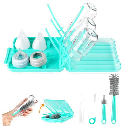 YomauiYee 6 in 1 Bottle Brush Set,Bottle Cleaner Brush Kit with Bottle Brush,Drying Rack,Nipple Brush,Straw Brush,Soap Dispenser&Storage Box,Portable Baby Essentials for Home&Travel