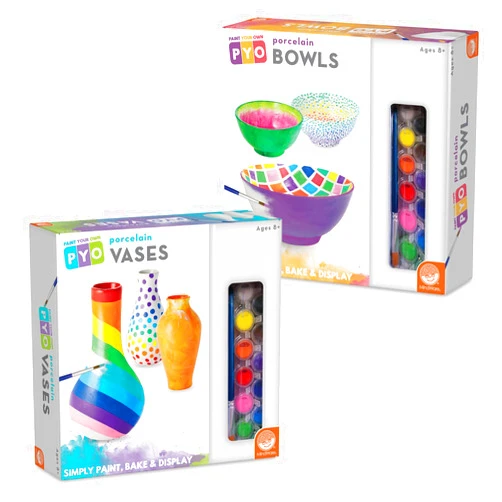 MindWare Paint Your Own Porcelain Vases & Bowls Kids Painting Kit Set of 2 - Porcelain Paint Kit with Art Supplies - Includes 3 Bowls, 3 Vases, 24 Paints, 2 Paintbrushes and Painting Guides - Ages 8+