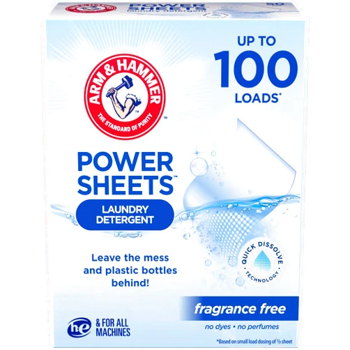 ARM & HAMMER Power Sheets Laundry Detergent, Fragrance Free, Dermatologist Tested Concentrated Laundry Detergent Sheets, 50 Count, up to 100 Small Loads